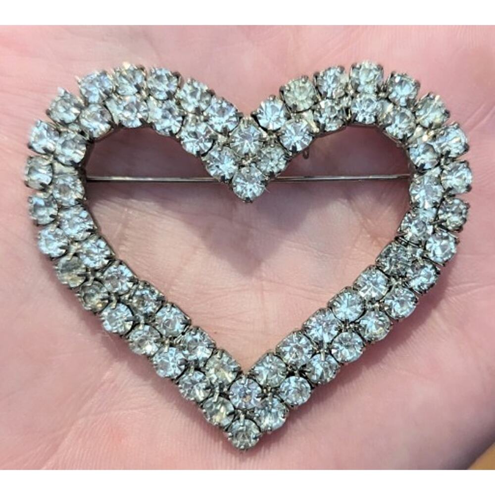 Vintage Open Heart Brooch Clear Rhinestones Prong Set Pin Pendant